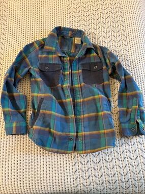 L.L. Bean Kids Plaid Button-Down Shirt Jacket in Teal, Blue, and Yellow